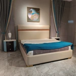 Beige Upholstered Bed with Quilted Headboard, Wood Accent & Gold Stainless Steel Feet